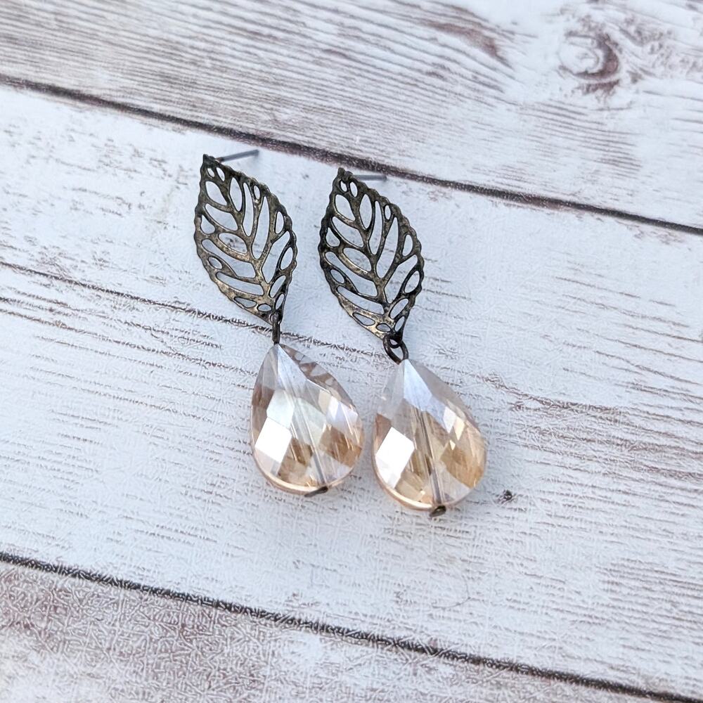 Vintage Stud Earrings Leaf with Large Faceted Gem Dangle